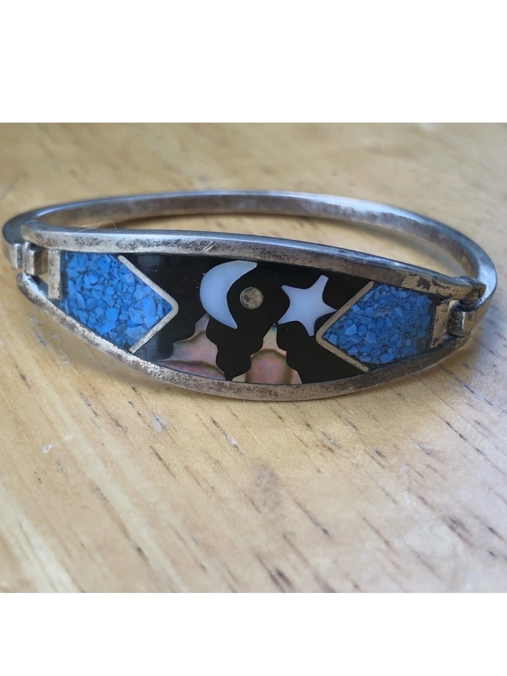 Sterling Silver Blue Inlay Moon & Star Bracelet - Unbranded